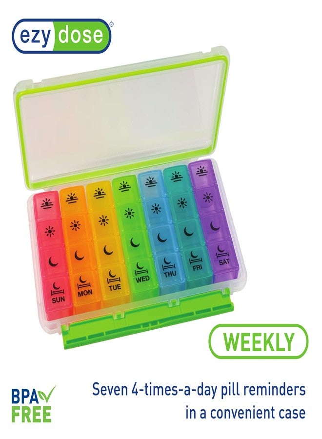 Ezy Dose Weekly (7-Day) Pill Case, Medicine Planner, Vitamin Organizer Box, Convenient and Easy to Use, X-Large Pop-Out Compartments, 4 Times a Day, Rainbow Lids with Case, BPA Free - Image 2